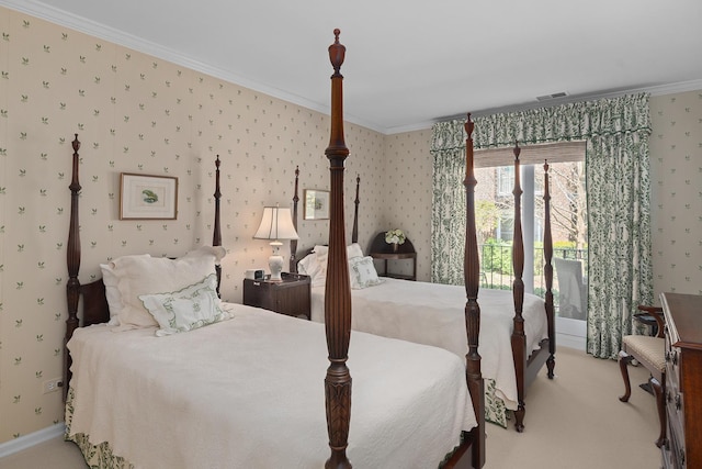 140 Franklin Pl Unit 106, Lake Forest, IL 60045 - bedroom featuring wallpapered walls, light colored carpet, ornamental molding, and baseboards