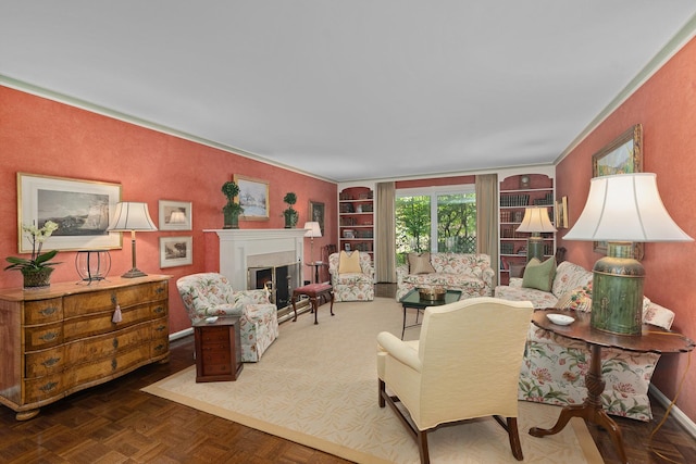 140 Franklin Pl Unit 106, Lake Forest, IL 60045 - living room with a fireplace, built in shelves, ornamental molding, and baseboards