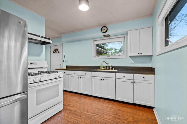 521 Division St, Saint Charles, IL 60174 - kitchen with freestanding refrigerator, white gas range, a sink, under cabinet range hood, and dark countertops