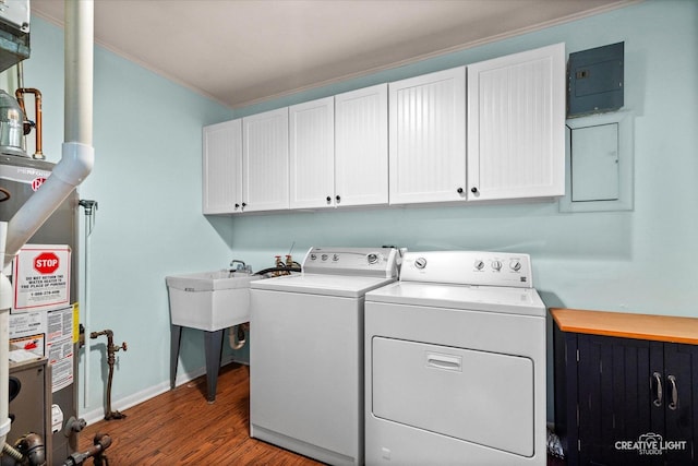 521 Division St, Saint Charles, IL 60174 - laundry area with washing machine and dryer, cabinet space, wood finished floors, water heater, and crown molding
