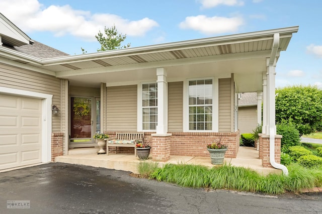 507 Parkland Ct, Oswego, IL 60543 - property entrance with a porch, brick siding, a garage, and asphalt driveway