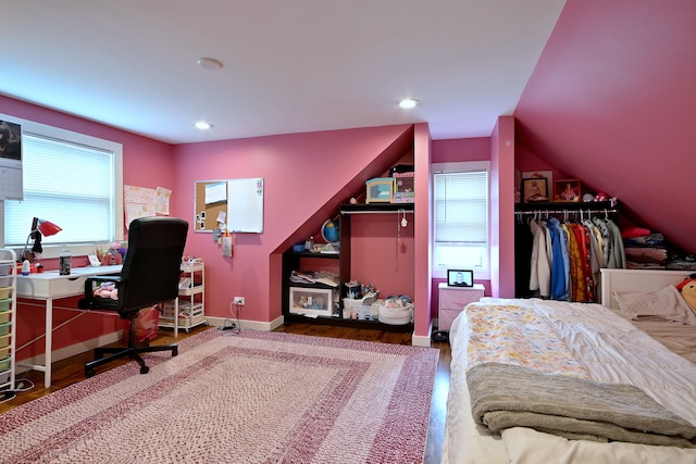 4200 Judd St, Schiller Park, IL 60176 - bedroom featuring wood finished floors, baseboards, recessed lighting, an office area, and vaulted ceiling