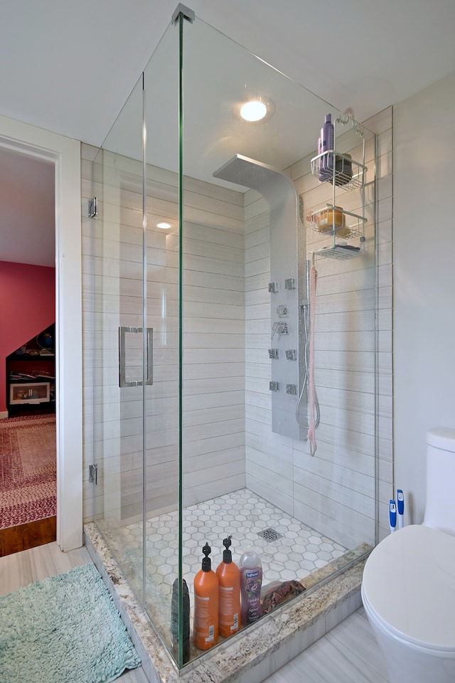 4200 Judd St, Schiller Park, IL 60176 - bathroom with toilet, a stall shower, and wood finished floors