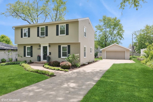1702 Madsen Ct, Wheaton, IL 60187 - colonial house with an outdoor structure, a garage, brick siding, and a front lawn
