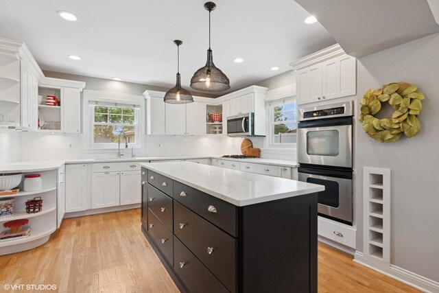 1702 Madsen Ct, Wheaton, IL 60187 - kitchen with open shelves, stainless steel appliances, white cabinetry, a sink, and recessed lighting