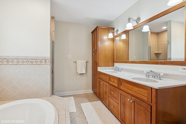 1702 Madsen Ct, Wheaton, IL 60187 - full bath with double vanity, tile patterned flooring, a bath, and a tile shower