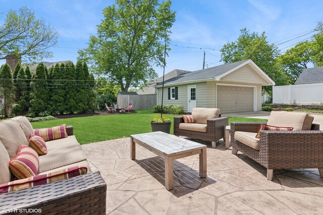 1702 Madsen Ct, Wheaton, IL 60187 - view of patio / terrace with outdoor lounge area, an outbuilding, and concrete driveway