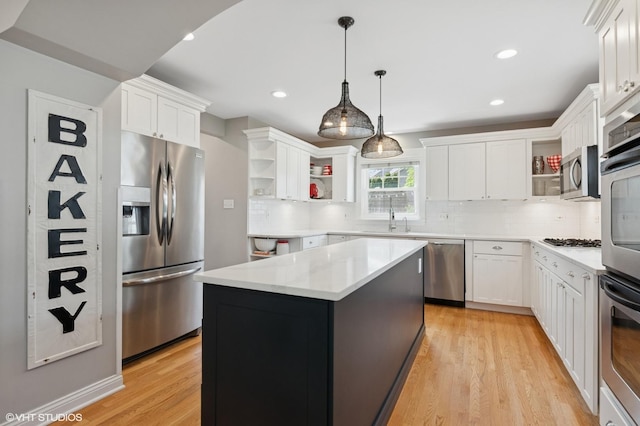 1702 Madsen Ct, Wheaton, IL 60187 - kitchen featuring appliances with stainless steel finishes, open shelves, backsplash, light wood-type flooring, and recessed lighting