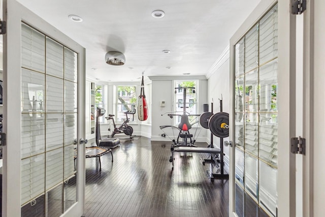 69 E Cedar St, Chicago, IL 60611 - exercise room featuring ornamental molding, baseboards, wood-type flooring, recessed lighting, and french doors