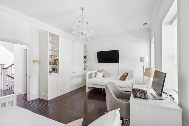 69 E Cedar St, Chicago, IL 60611 - living room featuring a chandelier, crown molding, dark wood-style floors, stairway, and baseboards