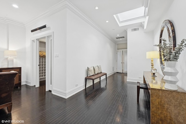 69 E Cedar St, Chicago, IL 60611 - hall with a skylight, baseboards, wood finished floors, recessed lighting, and ornamental molding