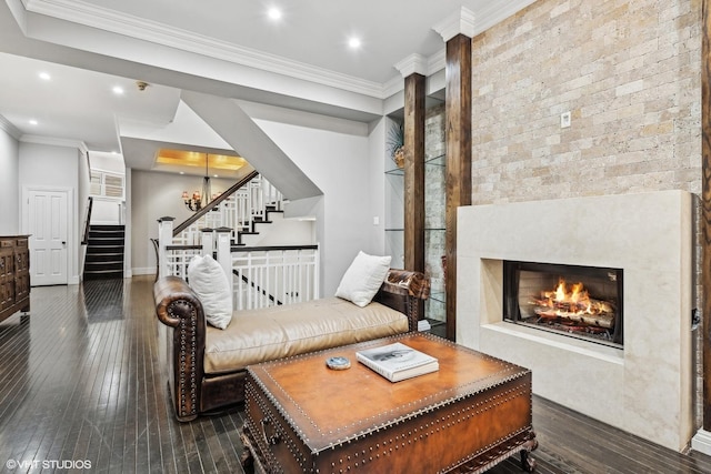 69 E Cedar St, Chicago, IL 60611 - living room featuring stairs, dark wood-style floors, recessed lighting, ornamental molding, and baseboards