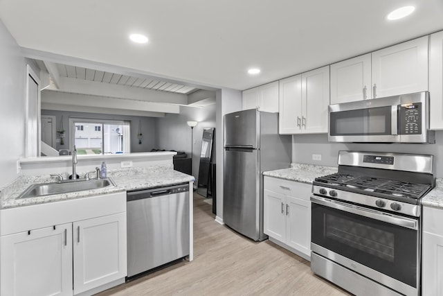 410 Meadow Green Ln, Round Lake, IL 60073 - kitchen with appliances with stainless steel finishes, a sink, light wood finished floors, white cabinetry, and recessed lighting