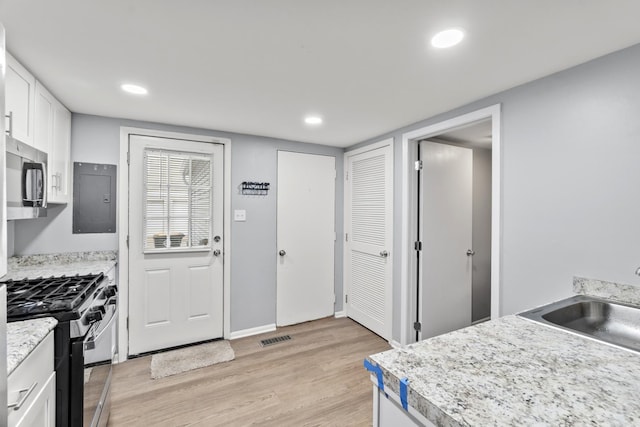 410 Meadow Green Ln, Round Lake, IL 60073 - kitchen with stainless steel appliances, light wood-type flooring, white cabinets, electric panel, and a sink