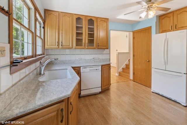236 S Edgewood Ave, Lombard, IL 60148 - kitchen with white appliances, a ceiling fan, light wood-type flooring, backsplash, and glass insert cabinets
