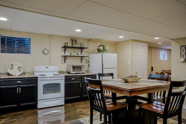 18132 Crystal Ln, Lansing, IL 60438 - kitchen featuring white appliances, dark cabinetry, a drop ceiling, and recessed lighting