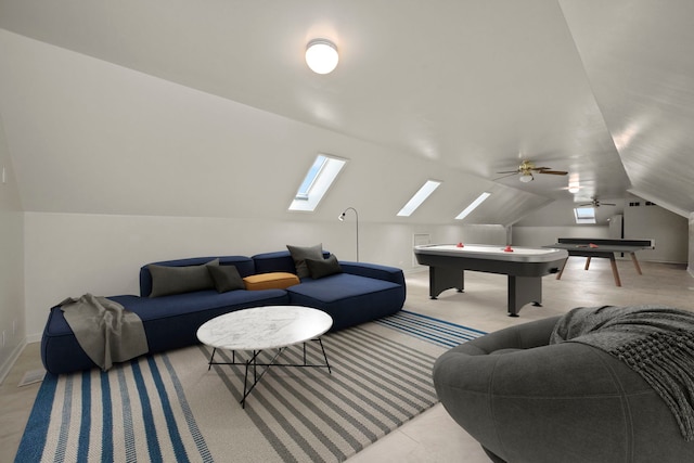 1502 Cherry Rd, Oswego, IL 60543 - rec room featuring a skylight, lofted ceiling, ceiling fan, baseboards, and billiards