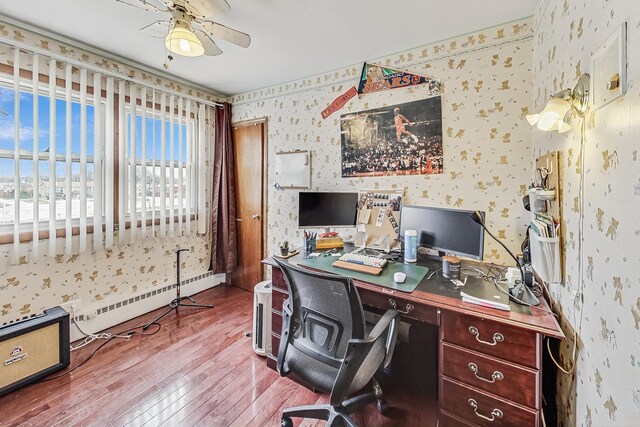 8404 N Greenwood Ave, Niles, IL 60714 - office featuring wallpapered walls, hardwood / wood-style flooring, a ceiling fan, baseboard heating, and baseboards