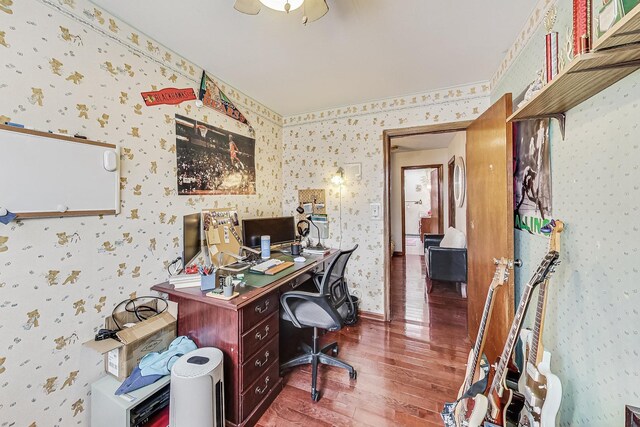 8404 N Greenwood Ave, Niles, IL 60714 - home office featuring hardwood / wood-style floors and wallpapered walls