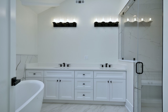 135 Lincoln St, Glenview, IL 60025 - bathroom with a marble finish shower, marble finish floors, a freestanding tub, and double vanity