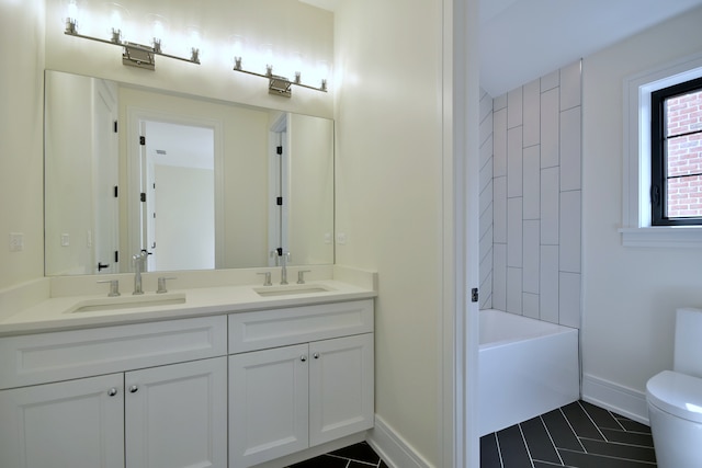135 Lincoln St, Glenview, IL 60025 - bathroom featuring baseboards, toilet, tile patterned floors, and double vanity