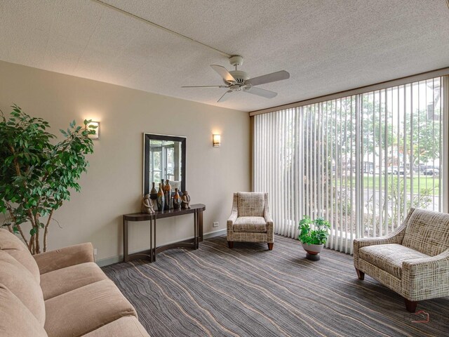 8801 W Golf Rd Unit 6J, Niles, IL 60714 - sitting room featuring carpet, ceiling fan, baseboards, and a textured ceiling