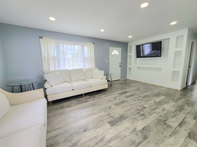 living room with wood finished floors and recessed lighting