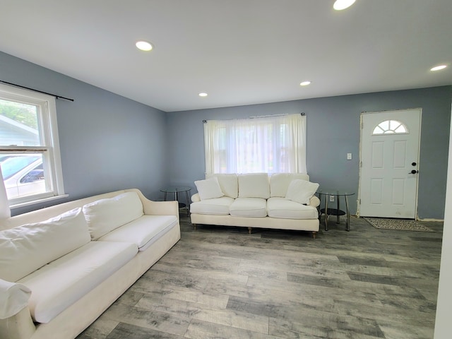 living room with recessed lighting and wood finished floors