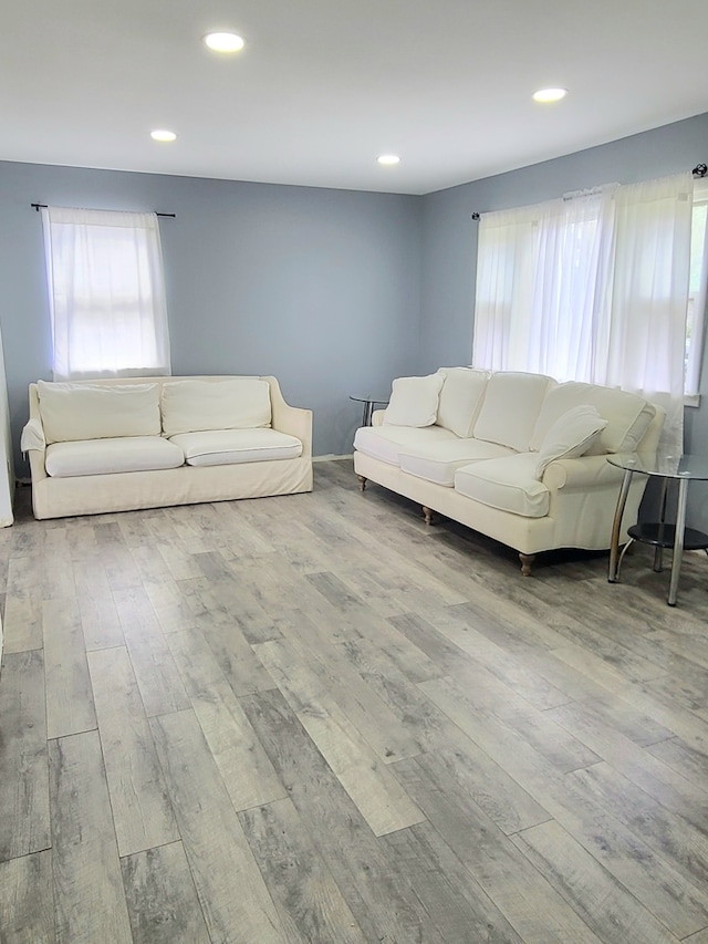 living room with wood finished floors and recessed lighting
