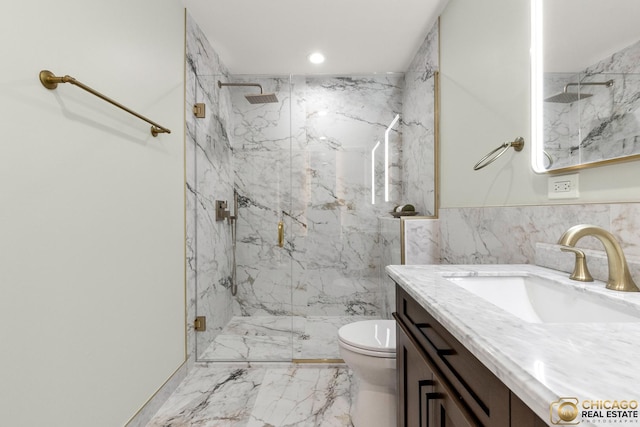 23653 W Ewing Dr, Plainfield, IL 60586 - full bath featuring a marble finish shower, vanity, toilet, marble tiled floors, and recessed lighting