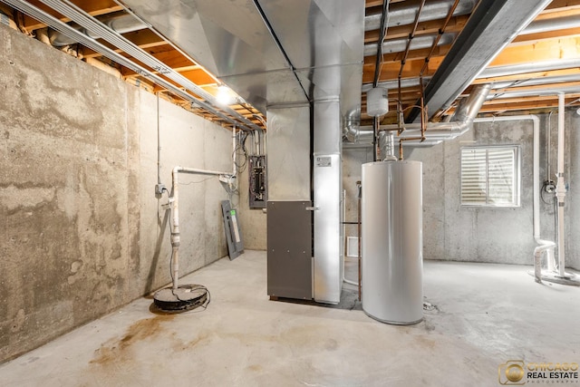 23653 W Ewing Dr, Plainfield, IL 60586 - basement with gas water heater, heating unit, and drainage system