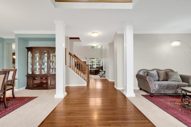 26809 Ashgate Xing, Plainfield, IL 60585 - entrance foyer with ornate columns, stairs, baseboards, and ornamental molding