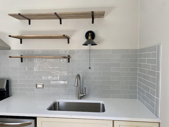 806 Forest Ave Unit 3, Evanston, IL 60202 - kitchen with a sink, stainless steel dishwasher, decorative backsplash, light countertops, and open shelves