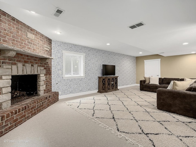 551 W 3rd St, Elmhurst, IL 60126 - carpeted living area with wallpapered walls, a brick fireplace, recessed lighting, and baseboards