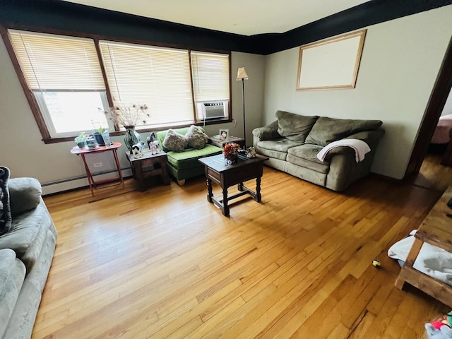 6968 W Diversey Ave Unit 7, Chicago, IL 60707 - living room featuring a baseboard radiator, light wood finished floors, and cooling unit