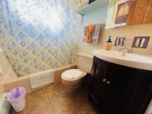 6968 W Diversey Ave Unit 7, Chicago, IL 60707 - full bath with vanity, shower / tub combo with curtain, tile patterned flooring, and tile walls