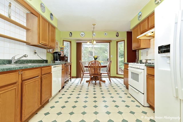 140 Shadowbrook Dr, Capron, IL 61012 - kitchen with white appliances, open shelves, a sink, under cabinet range hood, and light floors