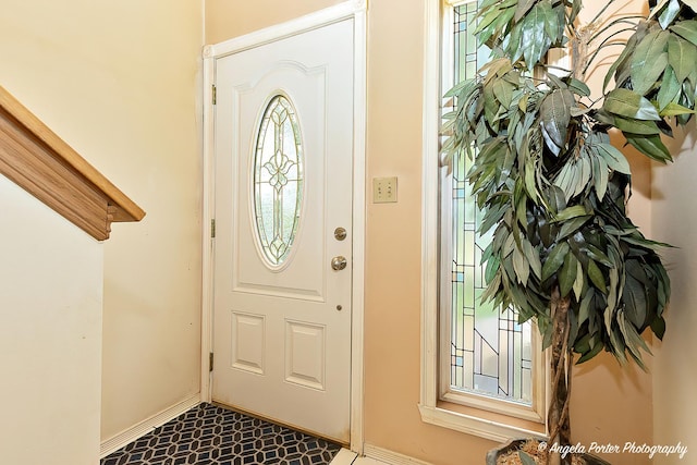 140 Shadowbrook Dr, Capron, IL 61012 - entryway featuring baseboards and dark floors