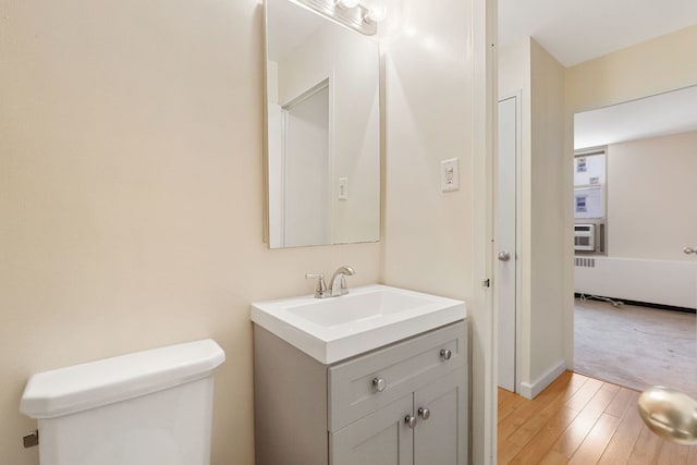 bathroom with vanity, toilet, and wood finished floors