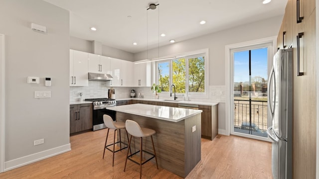 3124 S Benson St Unit 6, Chicago, IL 60608 - kitchen featuring appliances with stainless steel finishes, a sink, under cabinet range hood, a breakfast bar area, and light wood-type flooring