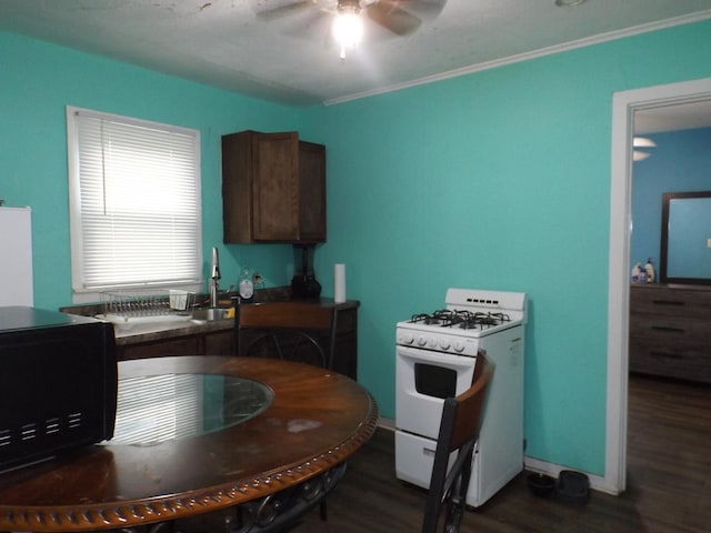 kitchen featuring gas range gas stove, a ceiling fan, dark wood-style flooring, black microwave, and a sink