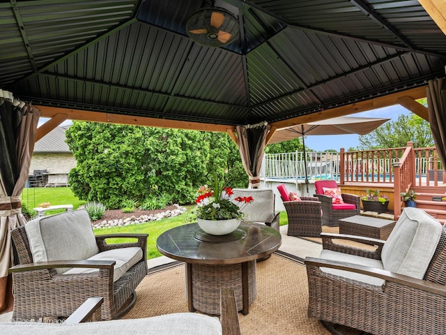 7235 Kiowa Ln, Palos Heights, IL 60463 - view of patio / terrace featuring outdoor lounge area, a wooden deck, and a gazebo