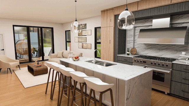 kitchen featuring high end stove, a sink, backsplash, light wood-style flooring, and an island with sink