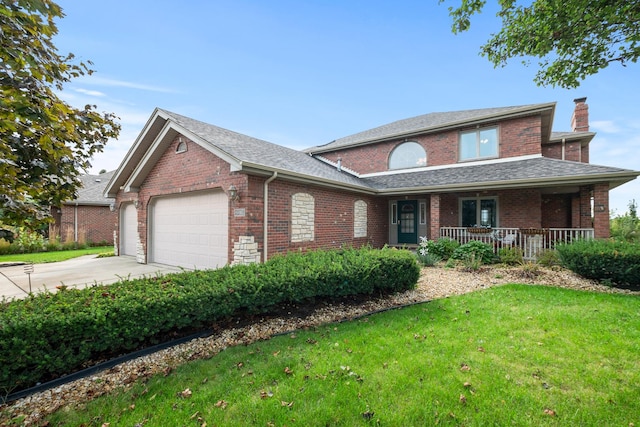 8147 Nielsen Dr, Tinley Park, IL 60477 - traditional-style home with an attached garage, brick siding, a chimney, and a porch