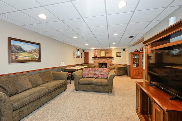 8147 Nielsen Dr, Tinley Park, IL 60477 - living area with light carpet, a fireplace, recessed lighting, and a drop ceiling