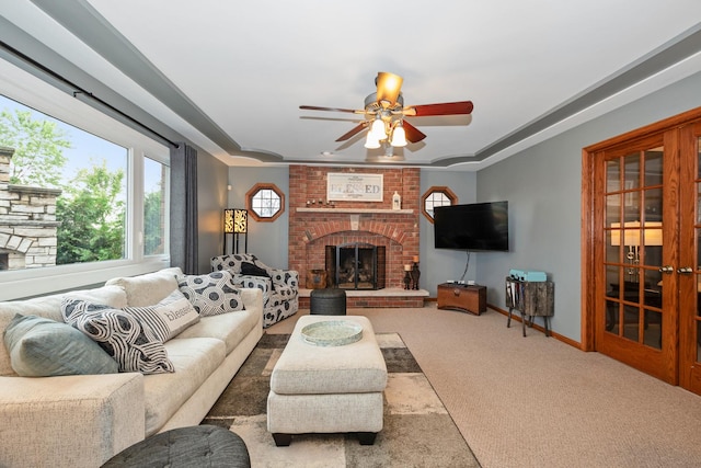 8147 Nielsen Dr, Tinley Park, IL 60477 - living room with a brick fireplace, a ceiling fan, and carpet flooring