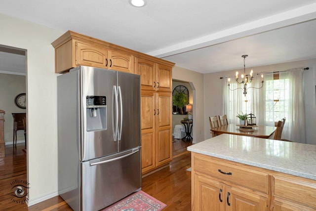 623 Woodstock Ln, Bourbonnais, IL 60914 - kitchen featuring stainless steel fridge with ice dispenser, light stone countertops, wood finished floors, a chandelier, and beamed ceiling