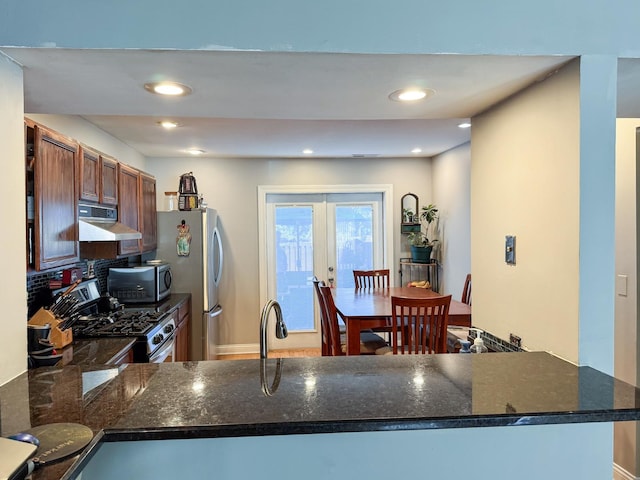 1703 S Ruble St, Chicago, IL 60616 - kitchen featuring under cabinet range hood, appliances with stainless steel finishes, tasteful backsplash, french doors, and dark stone countertops