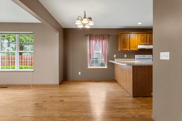 610 Chestnut Dr, Saint Joseph, IL 61873 - kitchen with under cabinet range hood, white range with electric cooktop, light wood-style flooring, a chandelier, and baseboards