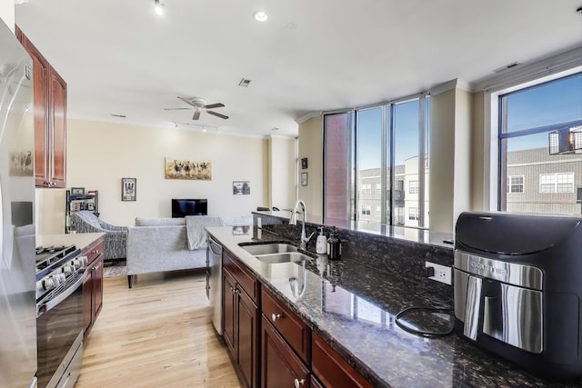 4440 N Kedzie Ave Unit 401, Chicago, IL 60625 - kitchen with stainless steel appliances, a sink, crown molding, light wood finished floors, and a ceiling fan